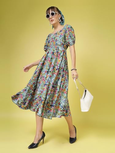 Image of OOMPH! Below Knee Shift Pink Dress in Crepe Fabric with Round Neck and Puff Sleeves - md619l