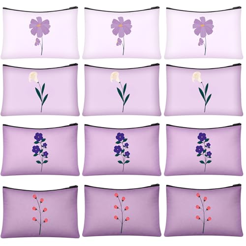 SilTriangle 12 Pcs Purple Floral Makeup Bag Flower Mother's Day Canvas Cosmetic Bag Bulk 9 x 6 Inches Purple Pencil Pouch with Zipper Travel Toiletry Pouch for Women Teacher Nurse Week Party Gifts