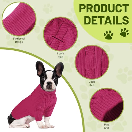 Image of Small Dog Thermal Pullover Sweater, Classic Turtleneck Cable Knitwear Dog Clothes for Cold Weather Warm Pet Clothes for Chihuahua, Bulldog, Dachshund, Pug Hot Pink X-Large