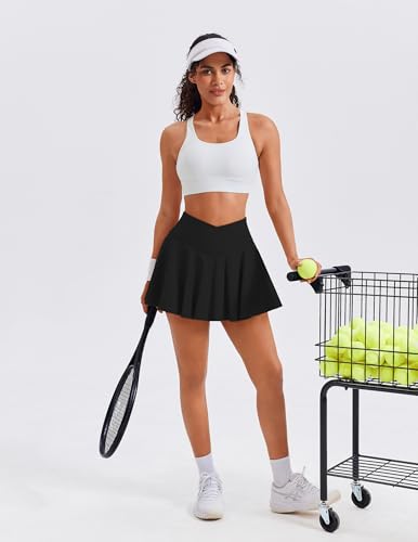 PINSPARK Tennisrock Damen Hohe Taille Crossover Rock mit Hose Drunter Plissiert Tennis Skort Sport Faltenrock Minirock Laufen Tenniskleid mit Tennis Taschen – Bild 5