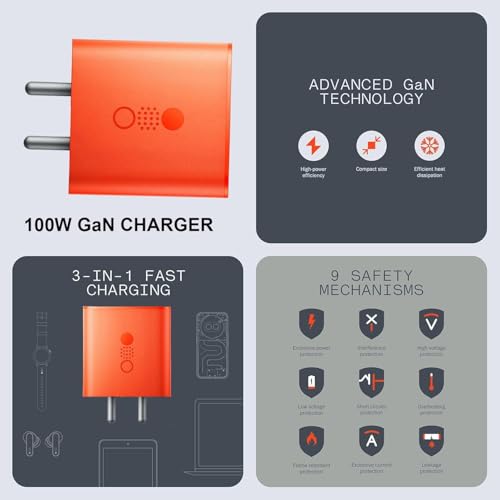 Image of CMF Original 100W Gan USB C 3-Port Adapter with 1M Type C Cable for Nothing Phone 2A /2A Plus /2 /1, Samsung S25, S24 Ultra, S24, Pixel 9 Pro XL, 9 Pro, Laptop, Pad, | 100W Complete Combo, Orange