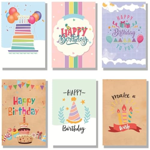 Premify 6 Pcs Birthday Cards Modern Unique Style Greeting Cards with Envelopes Folded Cards and Stickers Ideal for Birthday Wishes and Gifts for Family Kids Friends Birthday Party Celebrations