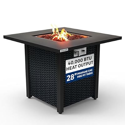 SereneLife Outdoor Propane Fire Pit Table - 40,000 BTU Square Gas Fire Table with Steel Top, Rattan-Style Panels, 6.6 lbs Lava Rock Set, Pulse Ignition for Patio & Backyard Heating, 28 x 28 x 24 in