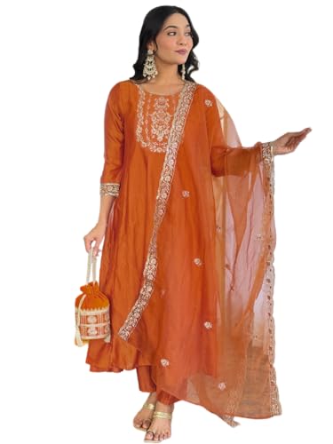 Ensemble kurti brodé orange pour un mariage indien ou un festival traditionnel
