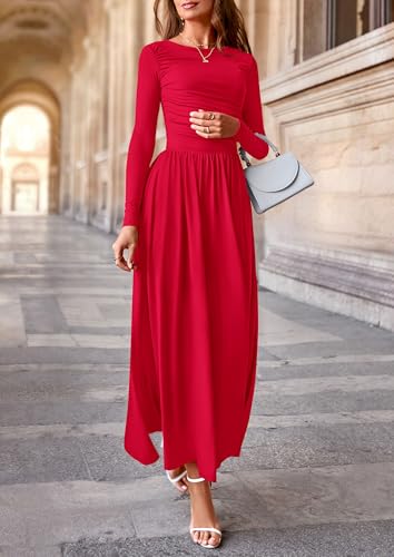 Image of PRETTYGARDEN Women's 2025 Fashion Trendy Fall Long Sleeve Dresses Ruched Flowy Elegant Modest Boho Casual Beach Maxi Dress
