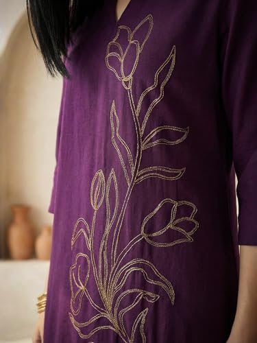 Image of INDO ERA Women's Viscose Rayon Floral Embroidered Straight Calf Length Kurta & Pant Set (IEAI12330)