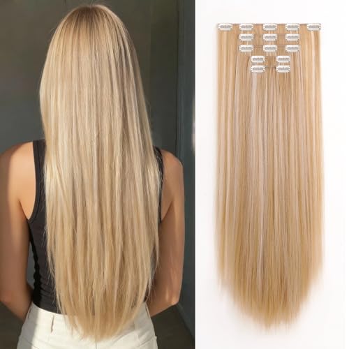 StrRid 26 Inch Clip in Hair Extensions Long Straight Synthetic Hairpieces for Women 5Pcs Thick Extension Clip Ins Natural Soft Full Head Blonde Pieces for Volume Daily Use Blonde with Highlights