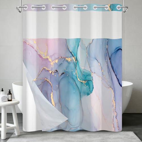 Pink Purple Marble Shower Curtain with Snap in Liner, Modern Abstract Ink Art Colorful Bathroom Curtains, Waterproof Fabric No Hook Shower Curtain with Top Mesh Window and Weighted Hem, 71x74 Inch by TQUQOBU - Used condition - US$24.20