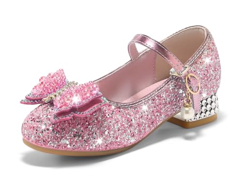 Haloumoning Haloumoning Girls Dress Shoes – Glitter Princess Heels with Chunky Low Heel, Pink Mary Jane Pumps for Weddings, Flower Girls & Parties, Size 12