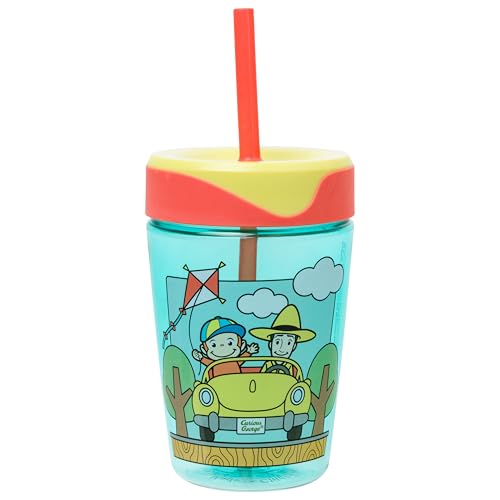 Silver Buffalo Curious George Driving Plastic Spill-Proof Tumbler with Lid and Straw