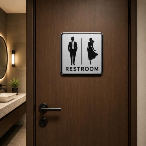 Image of Premium Brushed Silver Unisex Restroom Door Sign | Acrylic Toilet Washroom Sign with Self-Adhesive Tape | Modern Bathroom Signage for Office, Store, Cafe, Restaurant, Hotel & Commercial Spaces
