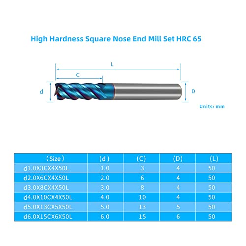 Image of HRC65 High Hard Carbide End Mills Set 4 Flutes Tungsten Steel Square Nose Milling Cutter for Steel 6pcs 1mm 2mm 3mm 4mm 5mm 6mm