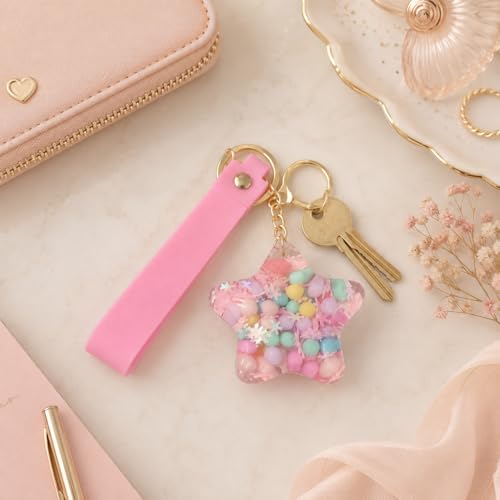 Image of Wanna Party Star Shaped Beads Keychain with Pink Wrist Strap, Cute Bag Charm Key Ring for Girls, Backpack Accessories, Birthday Return Gifts, Party Favors, School Bag Decoration - 1PC