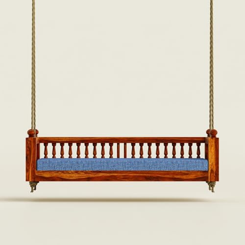 Image of Wooden Swing for Balcony | Sheesham Wood House Swings for Living Room | Patio Jhula for Home Indoor, Garden Outdoor & Balcony | Natural Finish