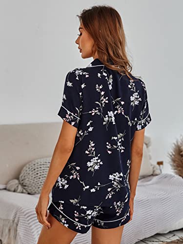 Wdirara Women's Sleepwear Short Sleeve Button Shirt And Shorts Pajama Set Navy Blue Floral S #TOP1