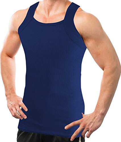 Different Touch 2 Pack Men's Tank Tops Square Cut Muscle Rib A-Shirts (L, Navy Blue)