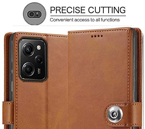 Image of SHINESTAR Ultimate Leather Finish Flip Back Cover for Poco X5 Pro 5G | Inside TPU & Inbuilt Stand | Wallet Style Back Cover Case for Poco X5 Pro 5G | Stylish Button Magnetic Closure - Brown