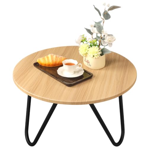 Image of Round Coffee Table 23.6 inch Small Coffee Table for Living Room Modern Circle Center Table with Metal Frame Wood Sofa Table for Reception Room Home Office Natural Color