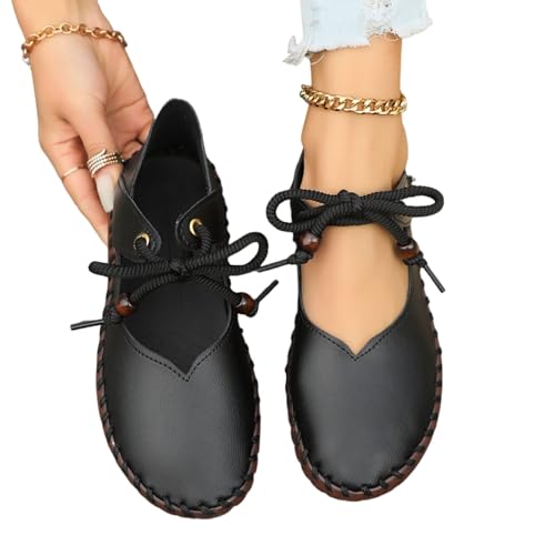 Womens Stitch PU Leather Mary Jane Flats Elegant Drawstring Strap Ballet Flat Mid Wedge Shallow Mouth Round Toe Shoes3
