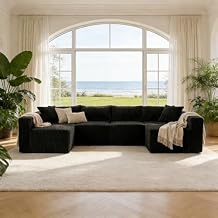 Claiks 128" U-Shaped Modular Sectional Sofa No Assembly Required, Oversized Cloud Couch with Double Chaise, Corduroy Fabric for Living Room & Apartment, Black