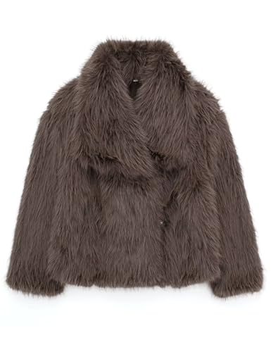 Haellun Women's Faux Fur Coat - Long Sleeve Fluffy Jacket - Open Front - Furry Winter Shaggy Short Coat - Coffee, X-Large