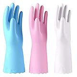 Alimat PluS 3 Pack Reusable Cleaning Gloves Latex Free - Dishwashing Gloves with Cotton Flock Liner and Embossed Palm - Waterproof Household Gloves for Laundry, Gardening (Small)