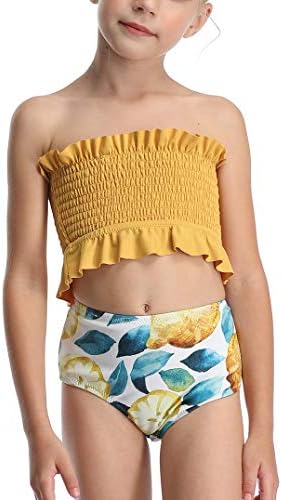 Rosiika Kid Girls Cute High Waist Strapless Smocked Bikini Sets Floral Printed Swimsuit Bathing Suit 164 Yellow 12-14 Year