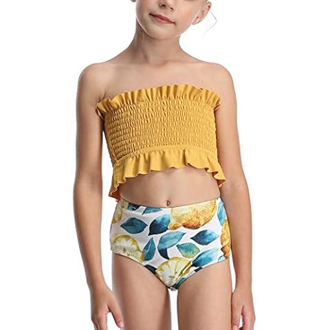 Toddler Kids Girls Two Piece Swimsuit Smocked Bandeau Bathing Suit Floral Ruffles Bikini Set - green - 10-12 Years Cover