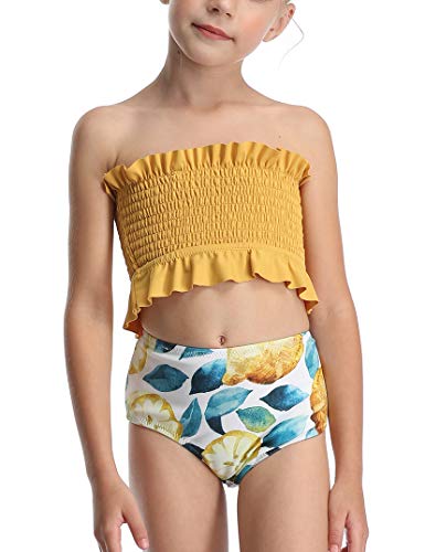 Rosiika Kid Girls Cute High Waist Strapless Smocked Bikini Sets Floral Printed Swimsuit Bathing Suit 164 Yellow 12-14 Year #TOP23