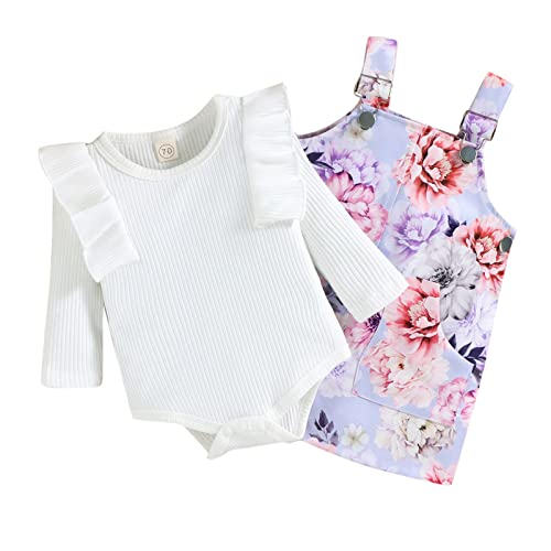 Macacão infantil para meninas manga longa com nervuras macacão com estampas florais suspensórios sai