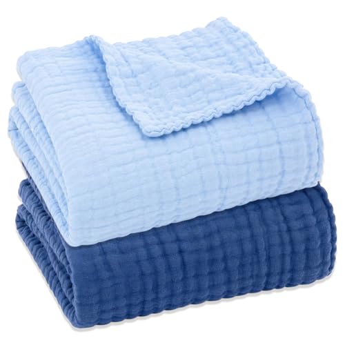Image of Aablexema Muslin Baby Blanket Set of 2, Light Blue & Navy | 6-Layer, 43 x 43 Inches, Newborn Toddler, Bath Towel Swaddle Wrap, For Boys Girls
