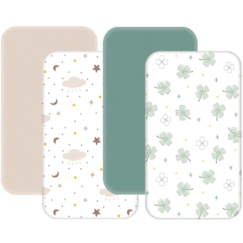 Image of 4 Pack Mini Crib Sheets Fitted - 38"x26" Pack and Play Sheets for Playard Mattress, Portable Mini Crib | Soft & Skin Friendly Pack N Play Sheets for Boys Girls (Clover & Moon Star)