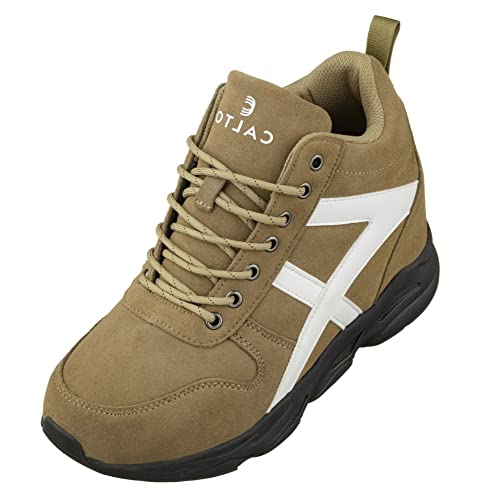 CALTO Men's Invisible Height Increasing Elevator Shoes - Khaki/White Lace-up High-Top Hiking Style Sneaker Boots - 3.6 Inches Taller - S22782 - Size 9 D(M) US