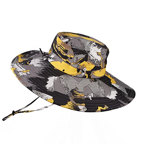 Sun Hat Men Women Summer Uv Protection Wide Brim Beach Hat Waterproof Hat Foldable Fishing Hat With Adjustable Chin Strap And Breathable Upf50+ Mesh Hats Camouflage Cowboy Hat Yellow #TOP6