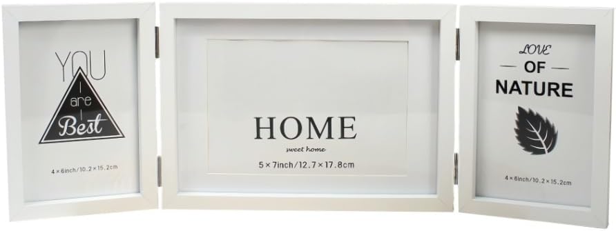 Silver Hinged Folding Three Picture Frame Display 4x6 inch Vertical and 5x7 inch Horizontal Photo or Pictures for Desk Triple Opening Wedding Family Grayish White White, 4x6 Inch and 5x7 Inch
