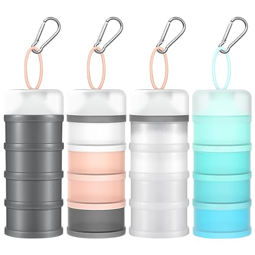 YEXEXINM 4 Pcs Protein Powder Container with Funnels Stand, 4 Stackable Protein Powder Dispenser with 4 Portable Keychain Supplement Container & Dispenser for Workout, Fitness, Travel (4 Color)