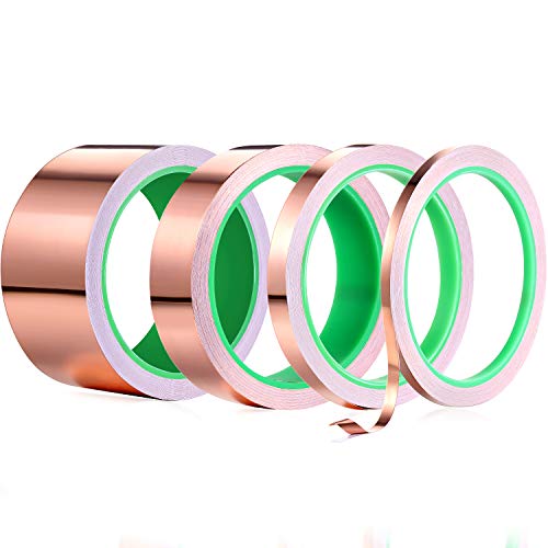 4 Rolls 10 m Copper Foil Tape with Double Sided Conductive Adhesive, 5 mm, 10 mm, 25 mm, 50 mm Conductive Foil Tape Slug Snail Tape for Guitar Slug Repellent Electrical Repairs Grounding Crafts