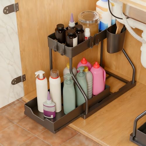 Miniatura 5 de Mimocasa Organizador Bajo Fregadero Cocina Y Baño - 2 Pcs Organizador Fregadero Extraíble Estante Almacenamiento Con Cestas Colgante Y 4 Ganchos, Cocina, Baño Y Hogar, Negro