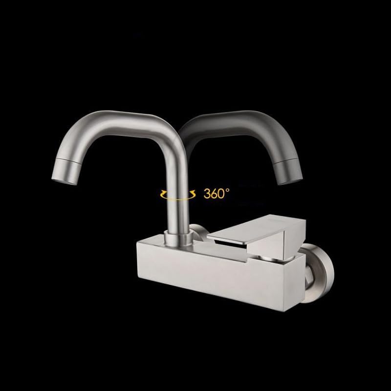 VELORE Brushed Stainless Steel Wall-Mounted Faucet - 360° Rotation Hot-Cold Mixer Tap for Bathroom, Kitchen, Balcony Laundry & Pool