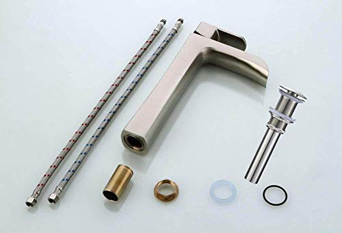 Homevacious Bathroom Vessel Sink Faucet Brushed Nickel Waterfall Tall Satin Single Handle Lavatory Bath With Pop Up Drain Stopper Mixer Tap One Hole Lever Temporary Commercial Supply Line Lead-Free #TOP7