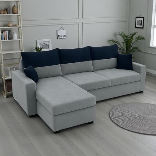 Image of FURNY Premium Huster 4 Seater Fabric LHS L Shape Sofa Set for Living Room | with Velvet Fabric in Dark Blue & Light Grey Color | Durable Comfort | Modern Design