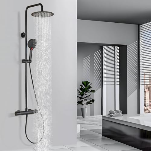 DETBOM Grifería Termostática Ducha - Set Ducha Acero Inoxidable Negro Mate | Cabezal Lluvia 25cm + Ducha Mano 3 Funciones | Barra Altura Ajustable | Anticalcáreo | Alta Presión | Fácil Instalación