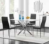 NIERN 5 Piece Dining Table Set, Tempered Glass Dining Set for 4, with 4 Upholstered Chairs (Silver Table, Black Chairs)