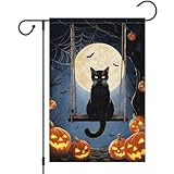 Heyfibro Halloween Black Cat Moon Swing Garden Flag 12 x 18 Inch Vertical Double Sided Burlap, Spooky Pumpkin Lantern Bat Yard Flags for Seasonal Fall Thanksgiving Farmhouse Decoration(ONLY FLAG)