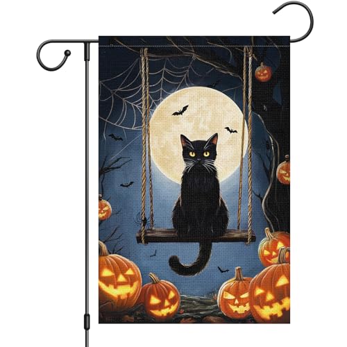Heyfibro Halloween Black Cat Moon Swing Garden Flag 12 x 18 Inch Vertical Double Sided Burlap, Spooky Pumpkin Lantern Bat Yard Flags for Seasonal Fall Thanksgiving Farmhouse Decoration(ONLY FLAG)