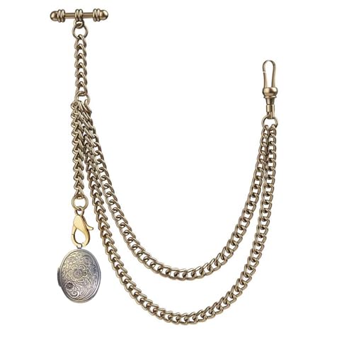 Kchss Single Albert Pocket Watch Chain T-Bar with Elegant Locket Pendant Bronze