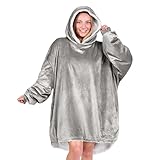 Bare Home Sherpa Fleece Wearable Blanket - Oversized Wearable Blanket Hoodie - Adult Size - Warm & Cozy - Soft Blanket - Comfortable Blanket Sweatshirt with Two Zipper Pockets (Adult, Light Grey)
