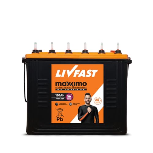 Image of Livfast Maxximo Tall Tubular High-Performance Battery MXTT 2154 | 180 Ah | 54 Months Warranty | Durable Backup Power for Home and Office, Long-Lasting Backup
