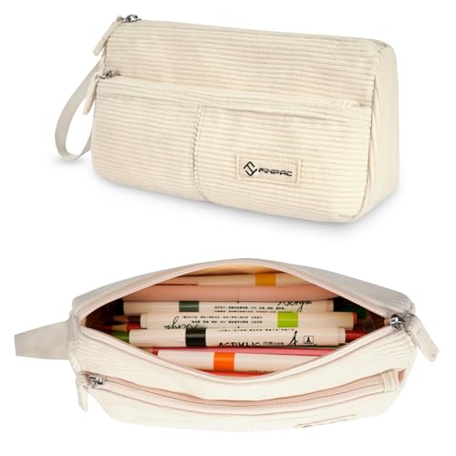 Image of FINPAC Pencil Case, Corduroy Triangle Makeup Bag, Kawaii Pen Bag Pouch Holder Box Organize for Study, Office, or Travel, Beige