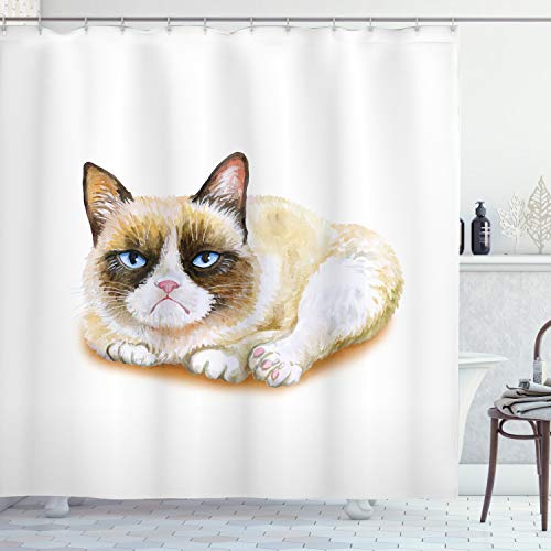 ABAKUHAUS Animal Shower Curtain, Grumpy Siamese Cat Angry Paws Kitten Moody Feline Fluffy Love Art Print, Cloth Fabric Bathroom Decor Set with Hooks, 94 Inches, Brown and Beige